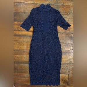 Express Navy Long Sleeve Lace Dress MIDI Dress Mock Neck Bodycon Size 4